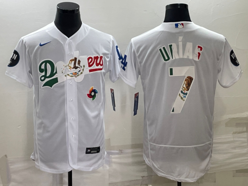 Men's Los Angeles Dodgers #7 Julio Ur??as White With Vin Scully Patch Flex Base Stitched Jersey